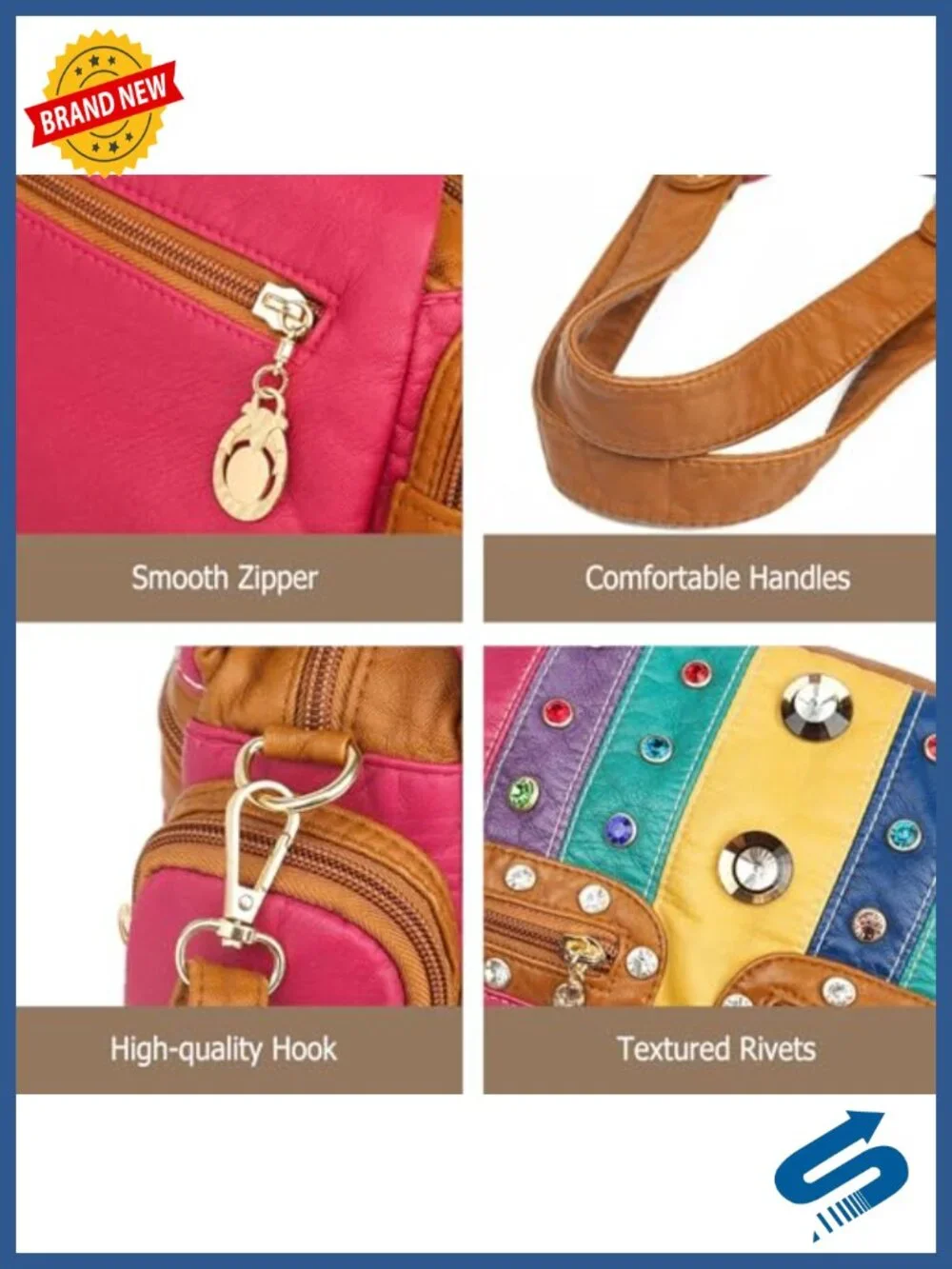 PU Leather Tote Handbag Shoulder Crossbody Bag with Rivet Decoration